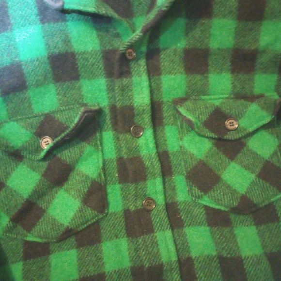 Vintage L.L. Bean green buffalo plaid wool flannel shirt USA sz 16-16.5 - Picture 6 of 7